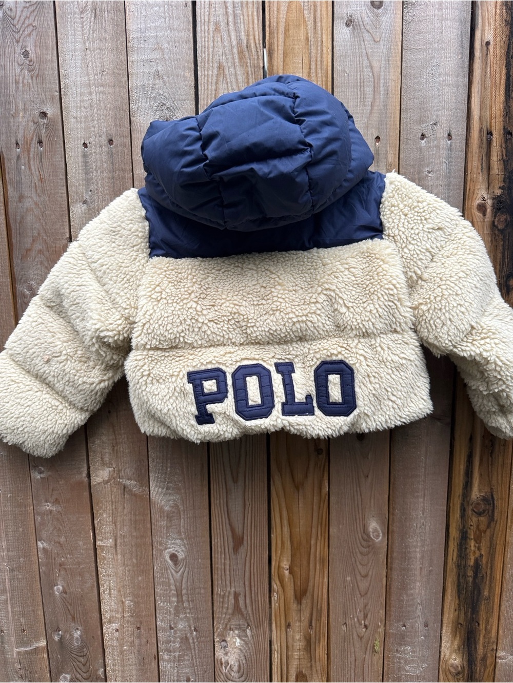 Polo by Ralph Lauren Cream Sherpa with Navy Puffer Trim Kids Jacket